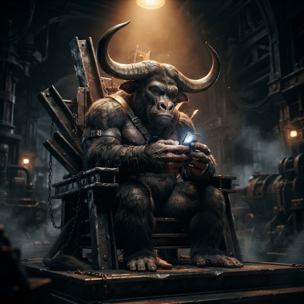 LAYOBULL sitting on a metal throne holding a phone